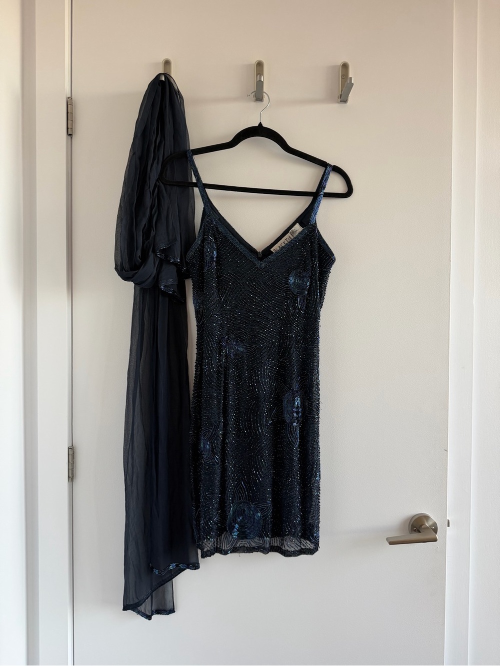 Vintage Holt Renfrew Silk Beaded Navy Dress with Scarf BLACKTIE OLEG CASSINI